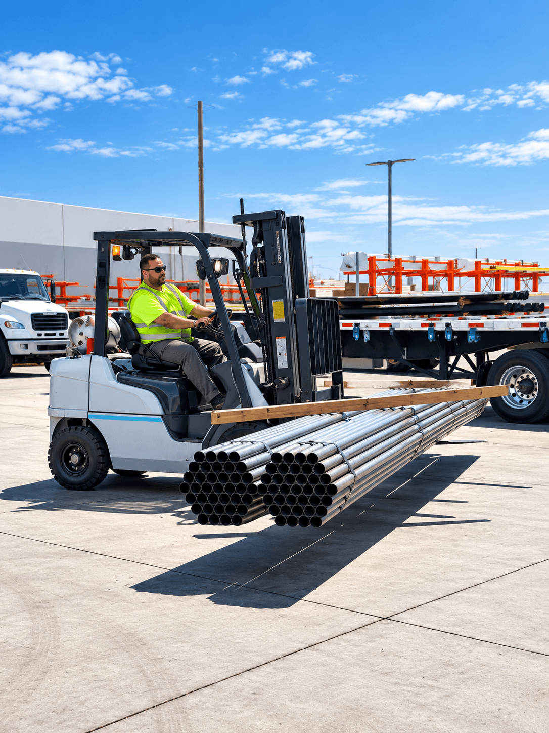 Forklift operator preparing bundled steel pipe for transport