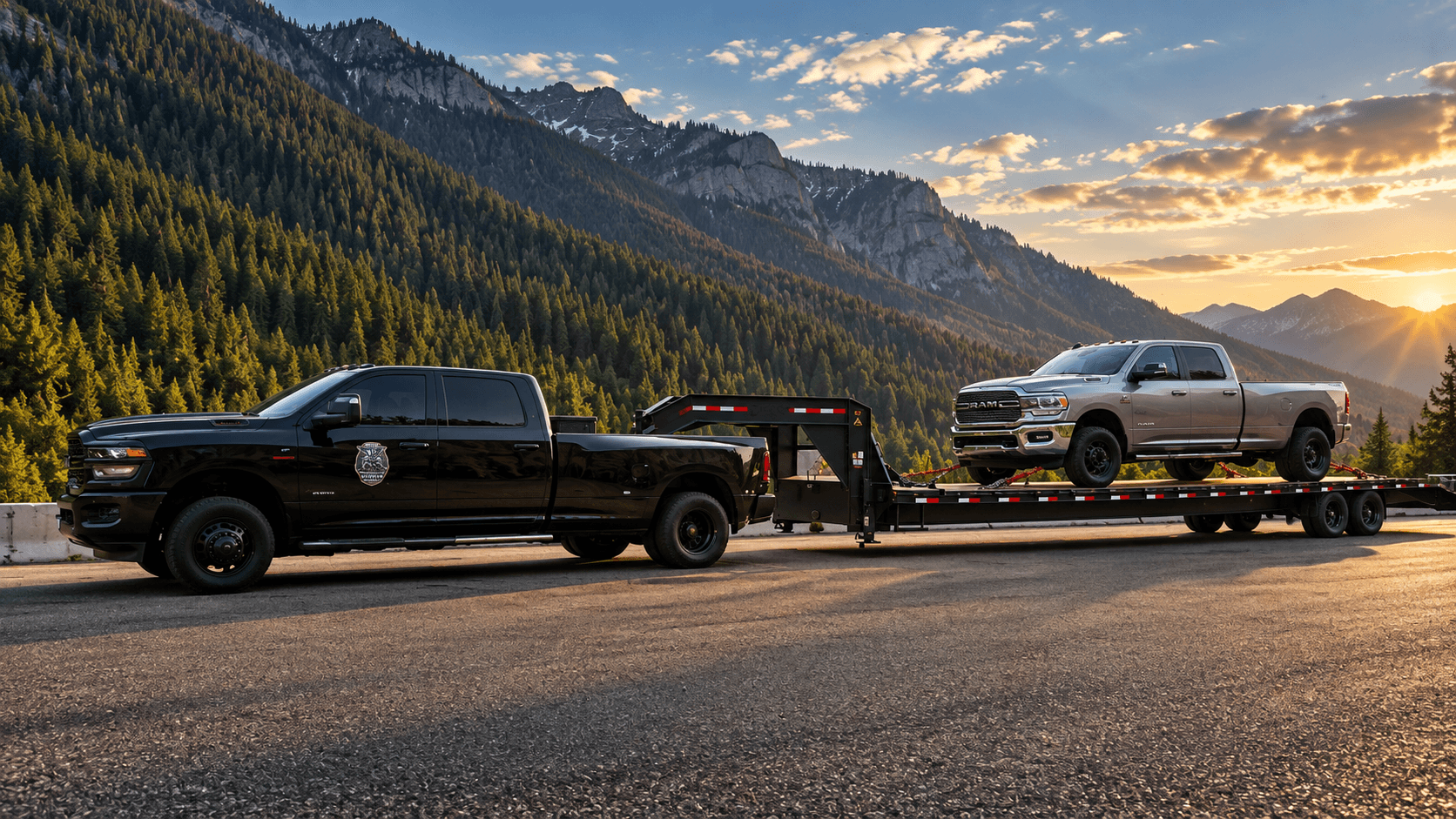 Truly Grateful hotshot truck transporting another pickup through the mountains